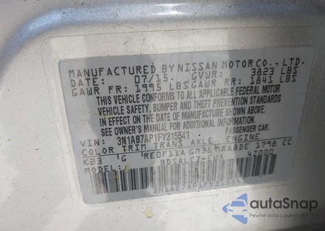 2015 Nissan Sentra S z USA, uszkodzony, nr VIN 3N1AB7AP1FY315541